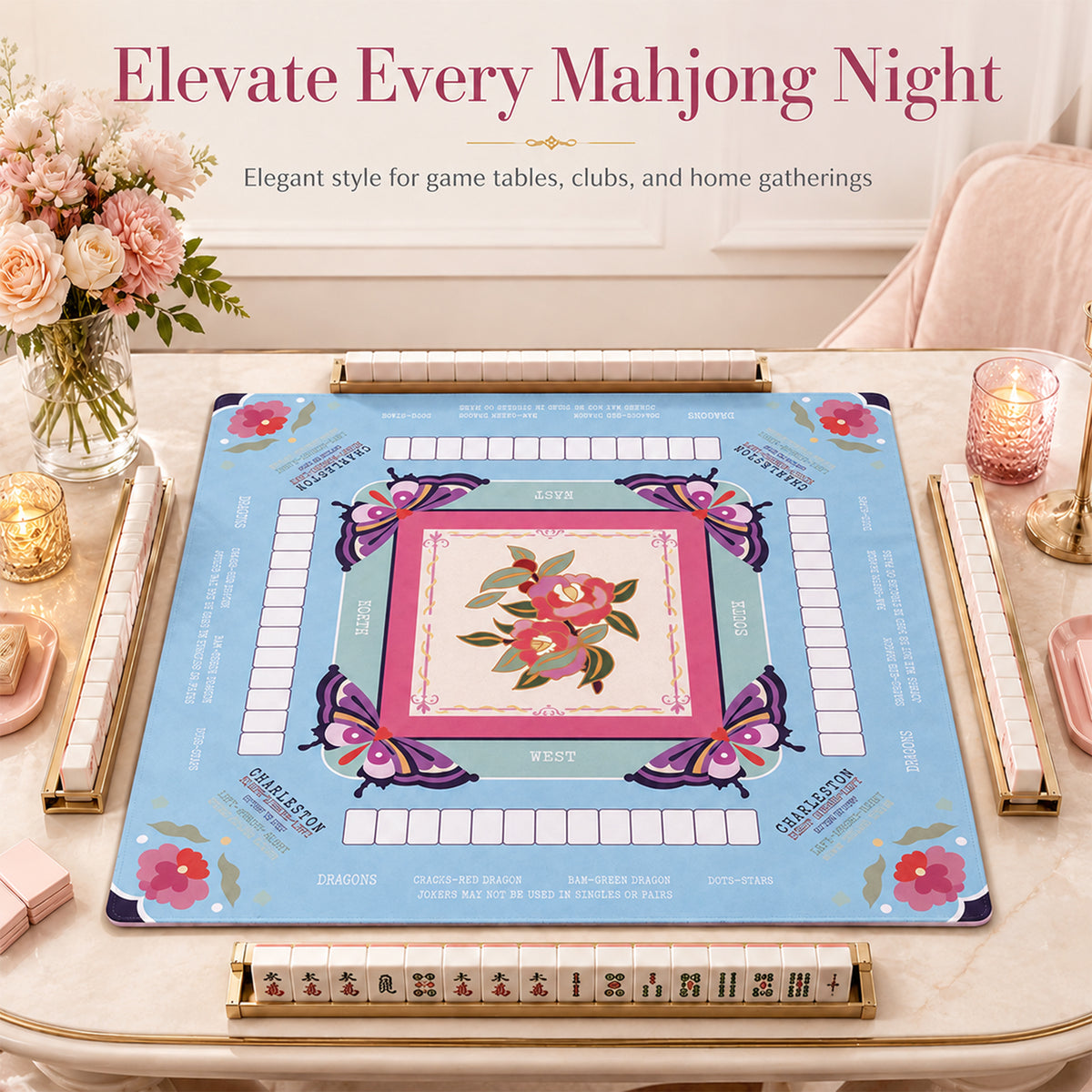 American Mahjong Mat with Printed Charleston Guide – 31.5 x 31.5 in Table Mat, Floral Design