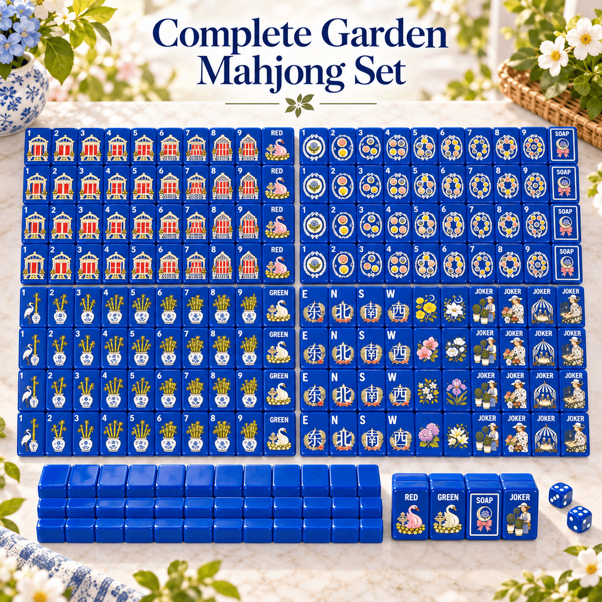 Cobalt Garden American mahjong set with 160 blue acrylic tiles
