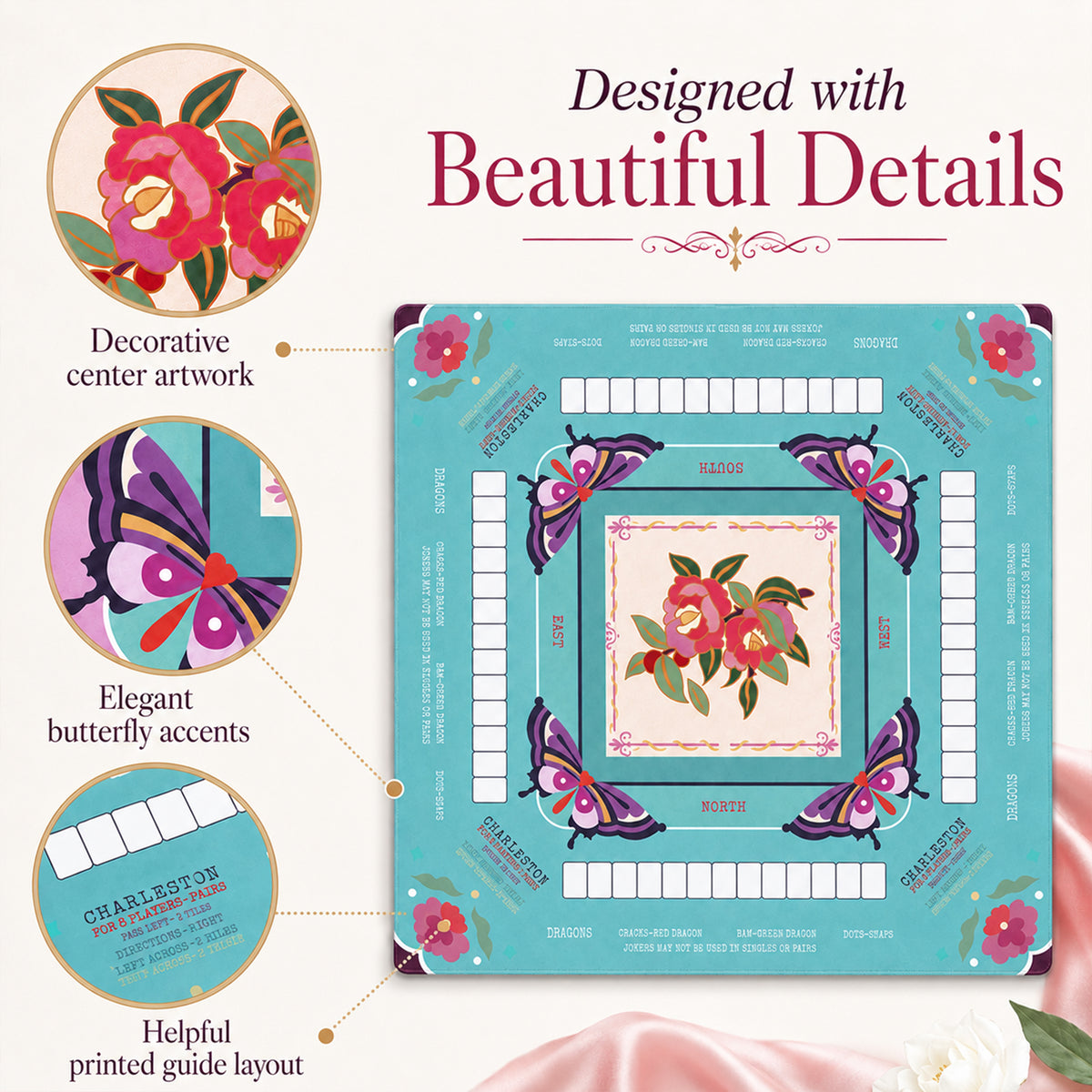 American Mahjong Mat with Printed Charleston Guide – 31.5 x 31.5 in Table Mat, Floral Design