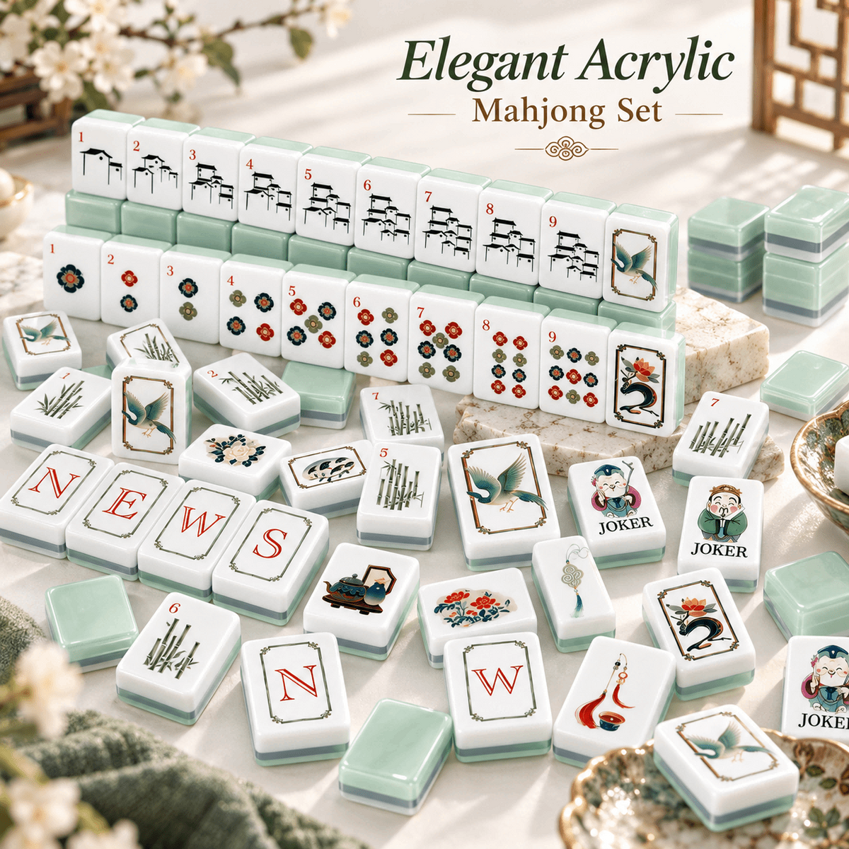 Jade Garden American Mahjong Set – 160 Acrylic Tiles with Jokers, Chinoiserie Design