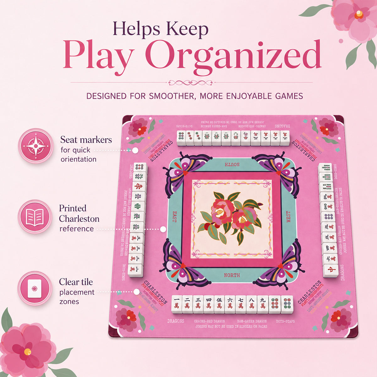 American mahjong mat with printed Charleston guide
