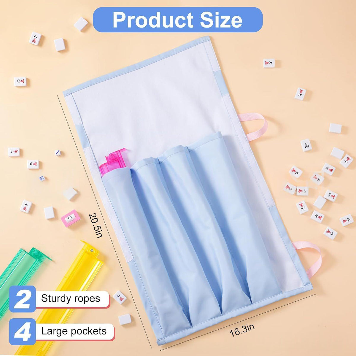 Mahjong Organizer Bag – Roll-Up Tile & Rack Storage for Travel, Sky Blue