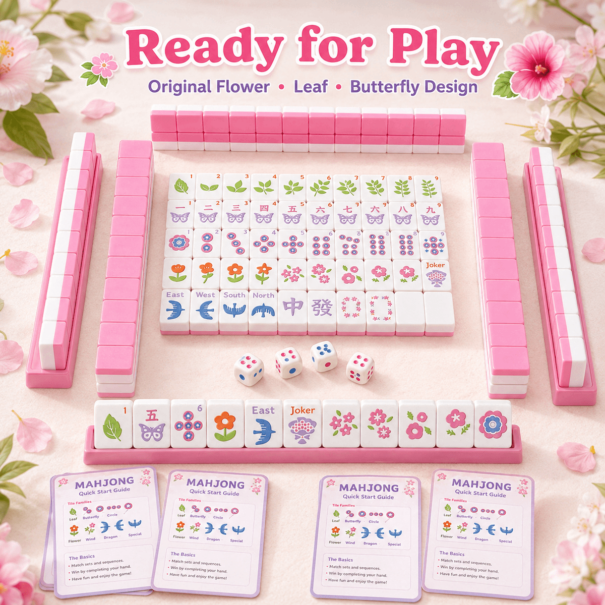 Floral Floating American Mahjong Set – 160 Waterproof 3D-Printed Tiles with Storage Case