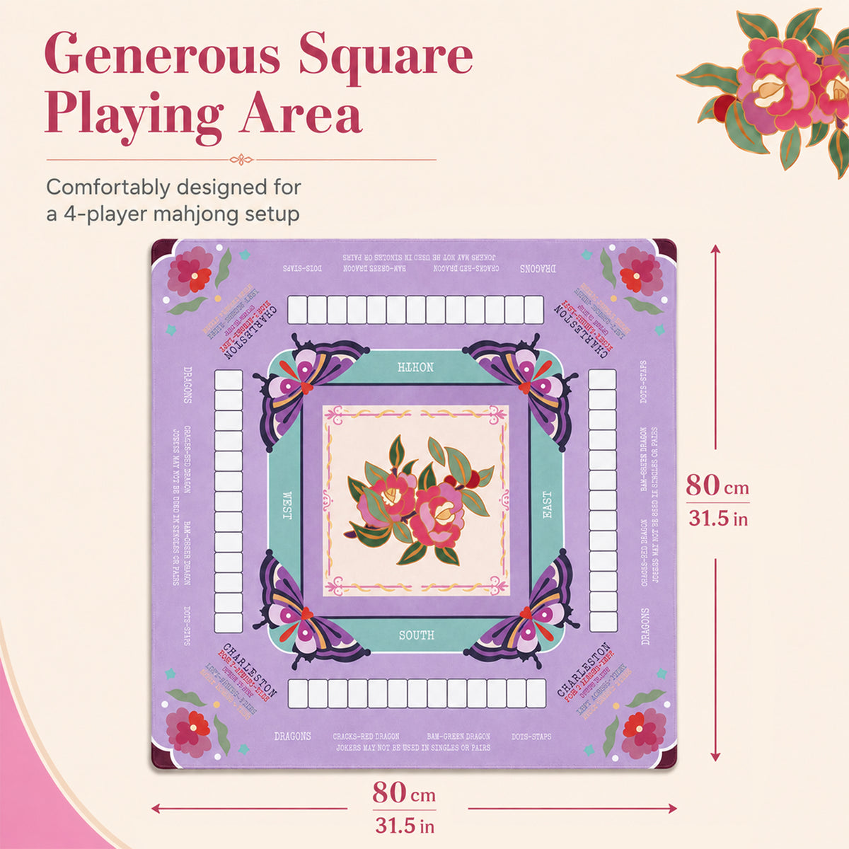 American Mahjong Mat with Printed Charleston Guide – 31.5 x 31.5 in Table Mat, Floral Design