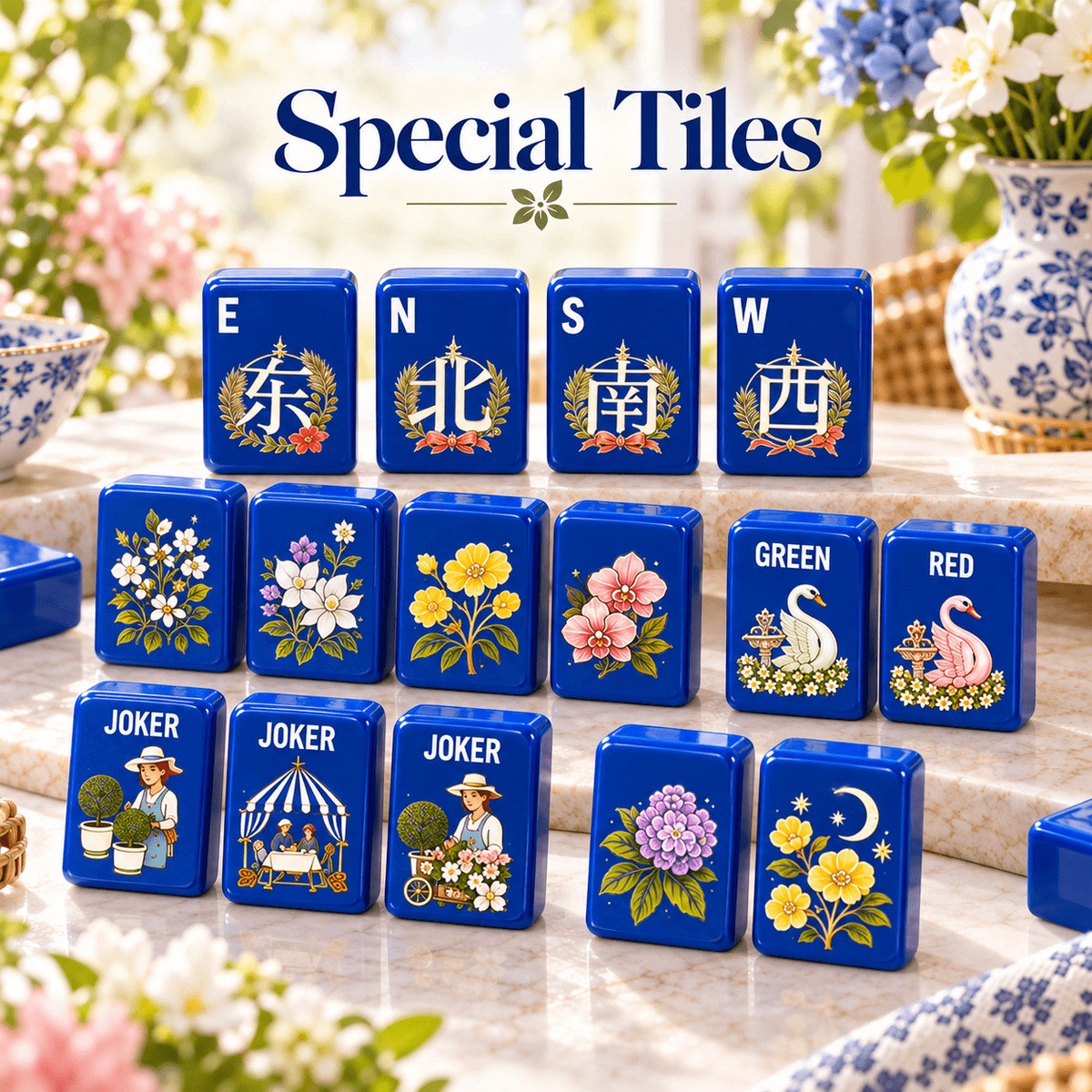 Cobalt Garden American Mahjong Set – 160 Acrylic Tiles with Jokers, Blue Floral Design