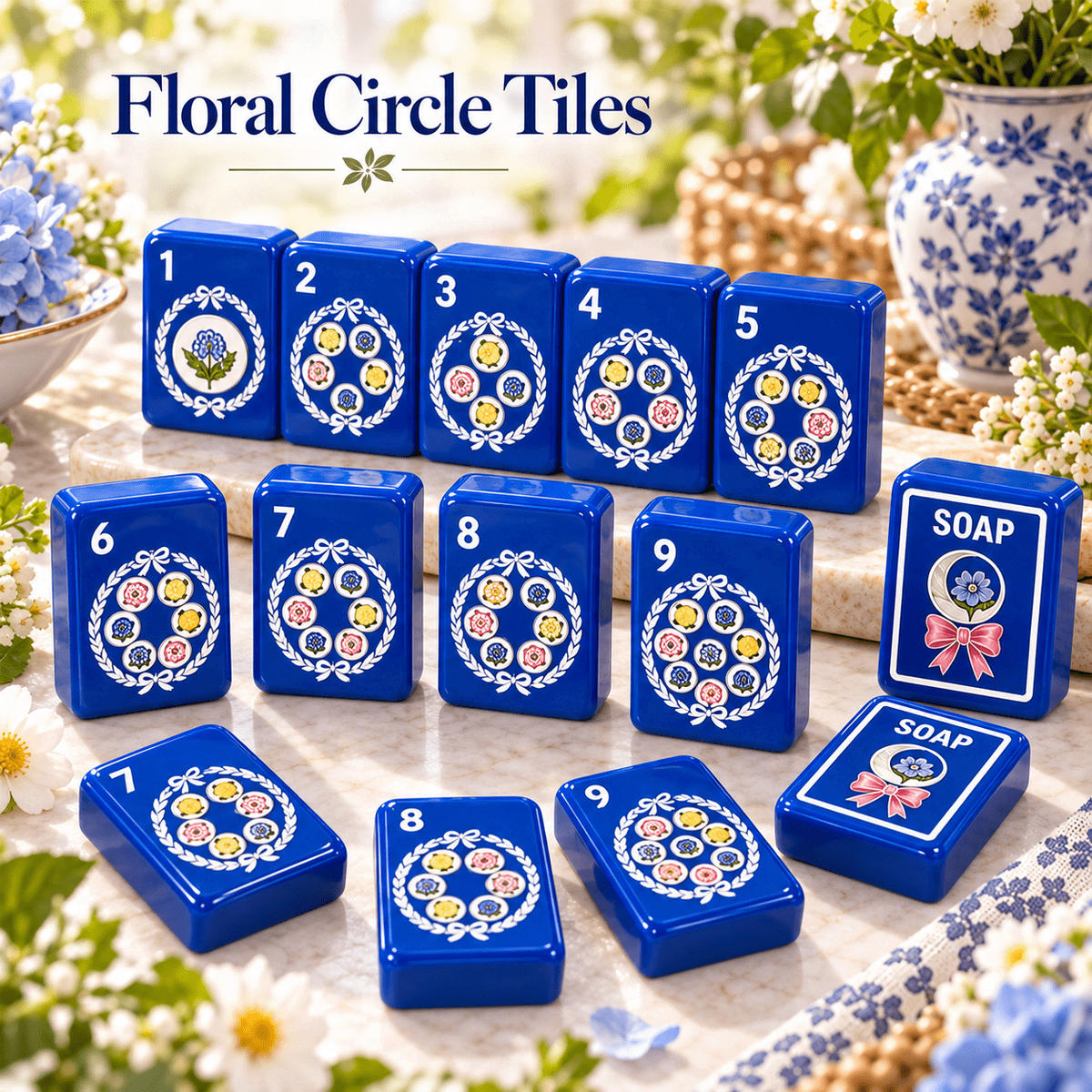 Cobalt Garden American Mahjong Set – 160 Acrylic Tiles with Jokers, Blue Floral Design