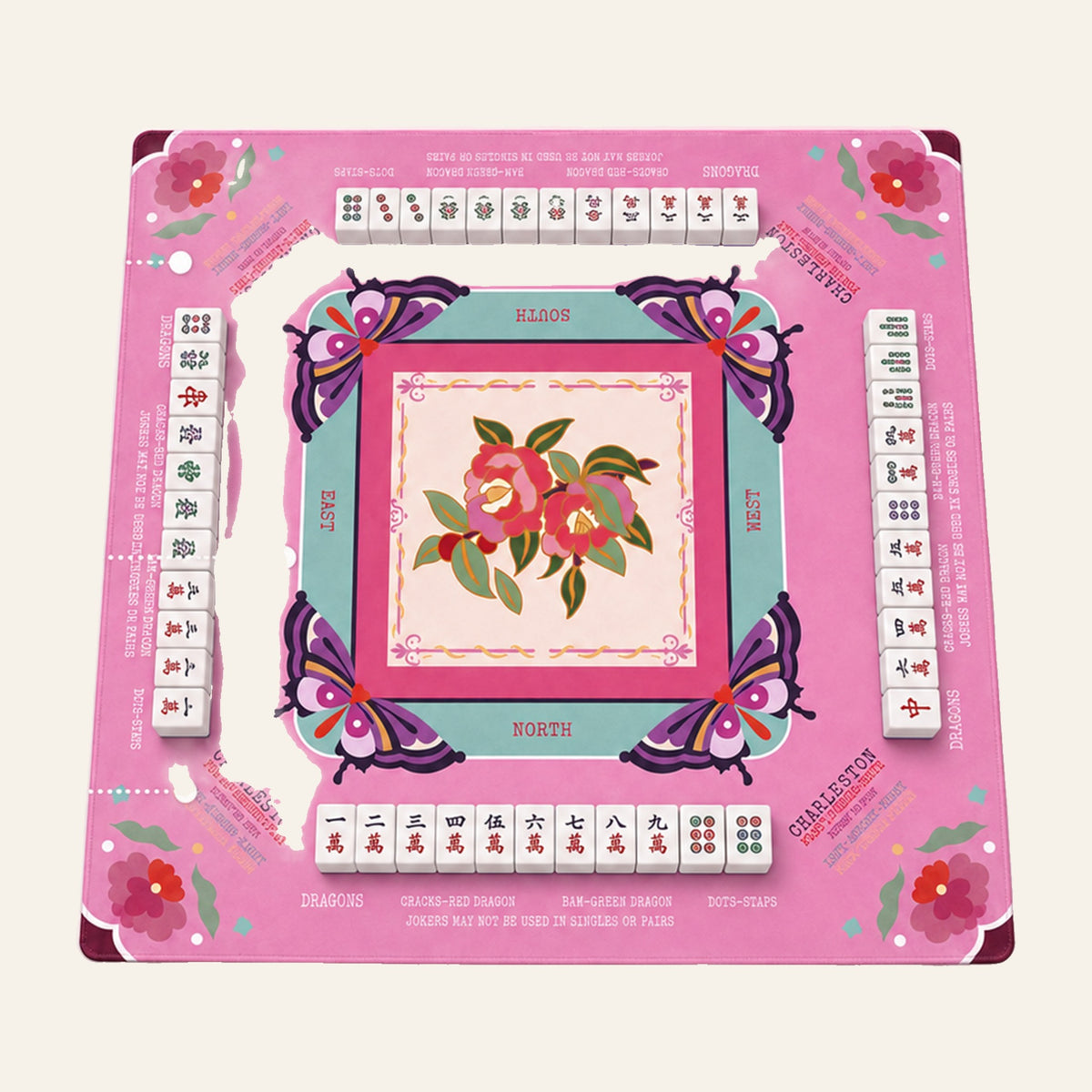 American Mahjong Mat with Printed Charleston Guide – 31.5 x 31.5 in Table Mat, Floral Design