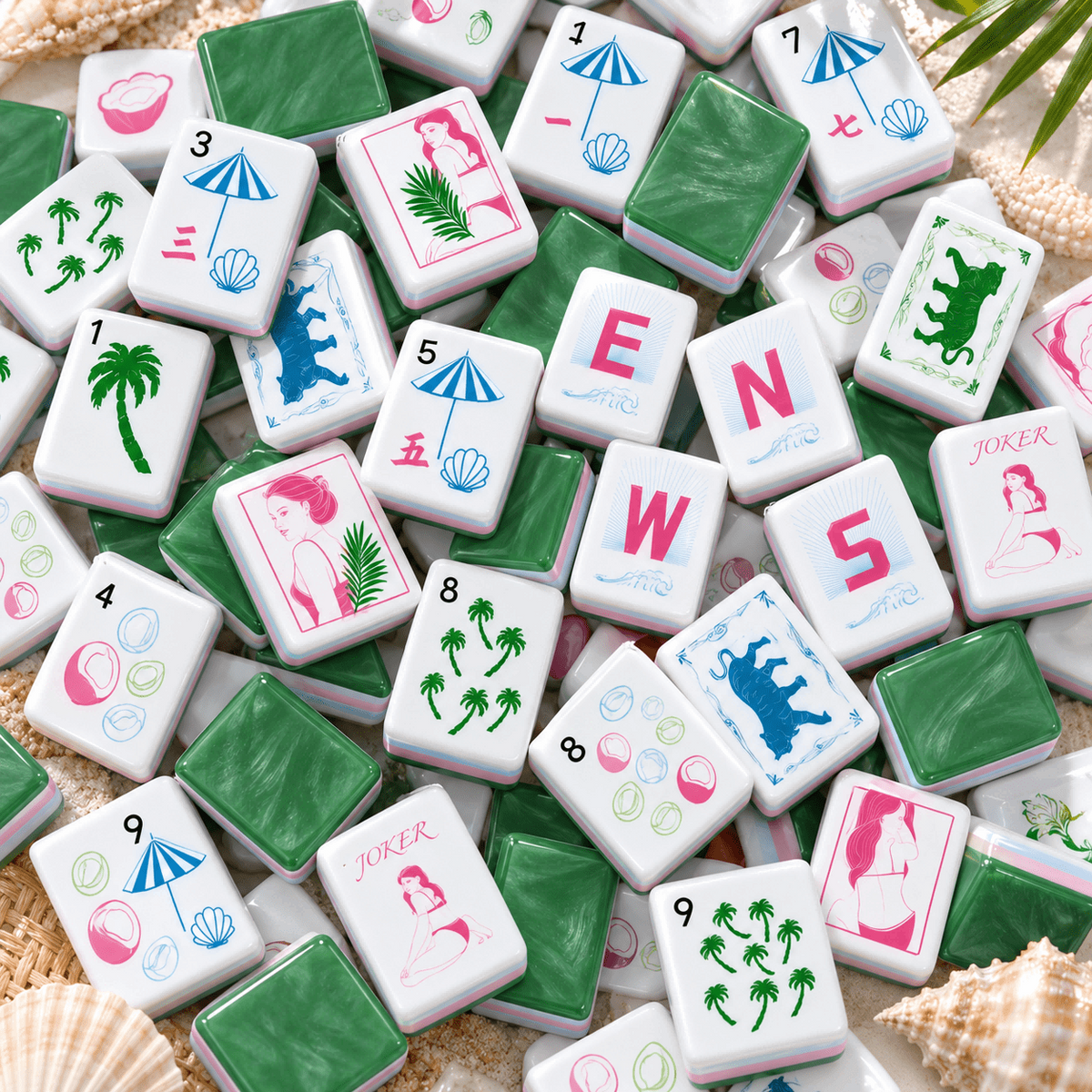 Coastal Palm American mahjong set with tropical acrylic tiles