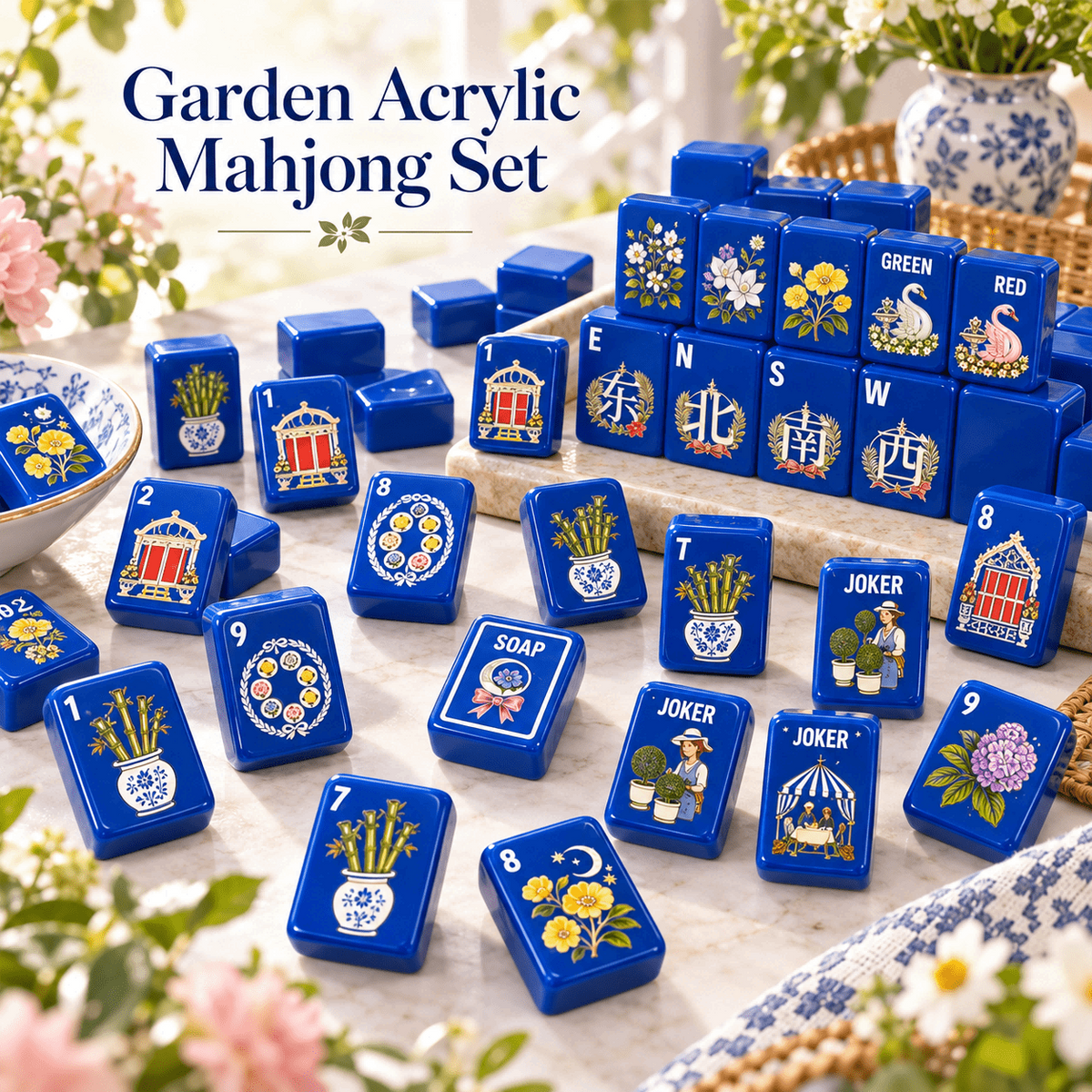 Cobalt Garden American Mahjong Set – 160 Acrylic Tiles with Jokers, Blue Floral Design